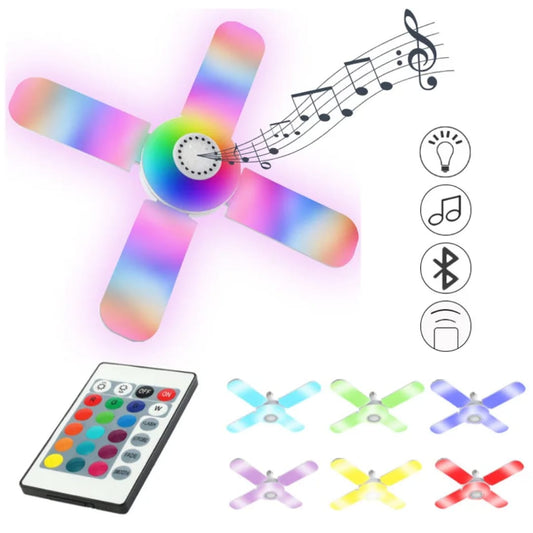 Bluetooth Music Light RGB Four Leaves Fan Shaped 50W E27 LED Bulb with Remote Control Foldable Bulb Smart Speaker Lamp Ceiling Lamp